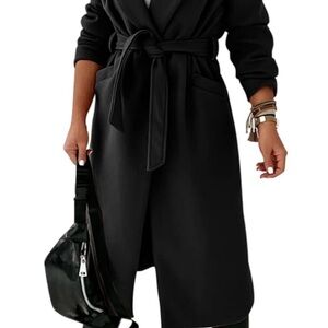 Womens Classic Coat Lapel Collar Open Front Belted Long Jacket